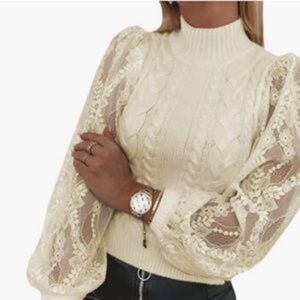 New Long Lace Sleeve Pullover Knit Sweater Top In Beige